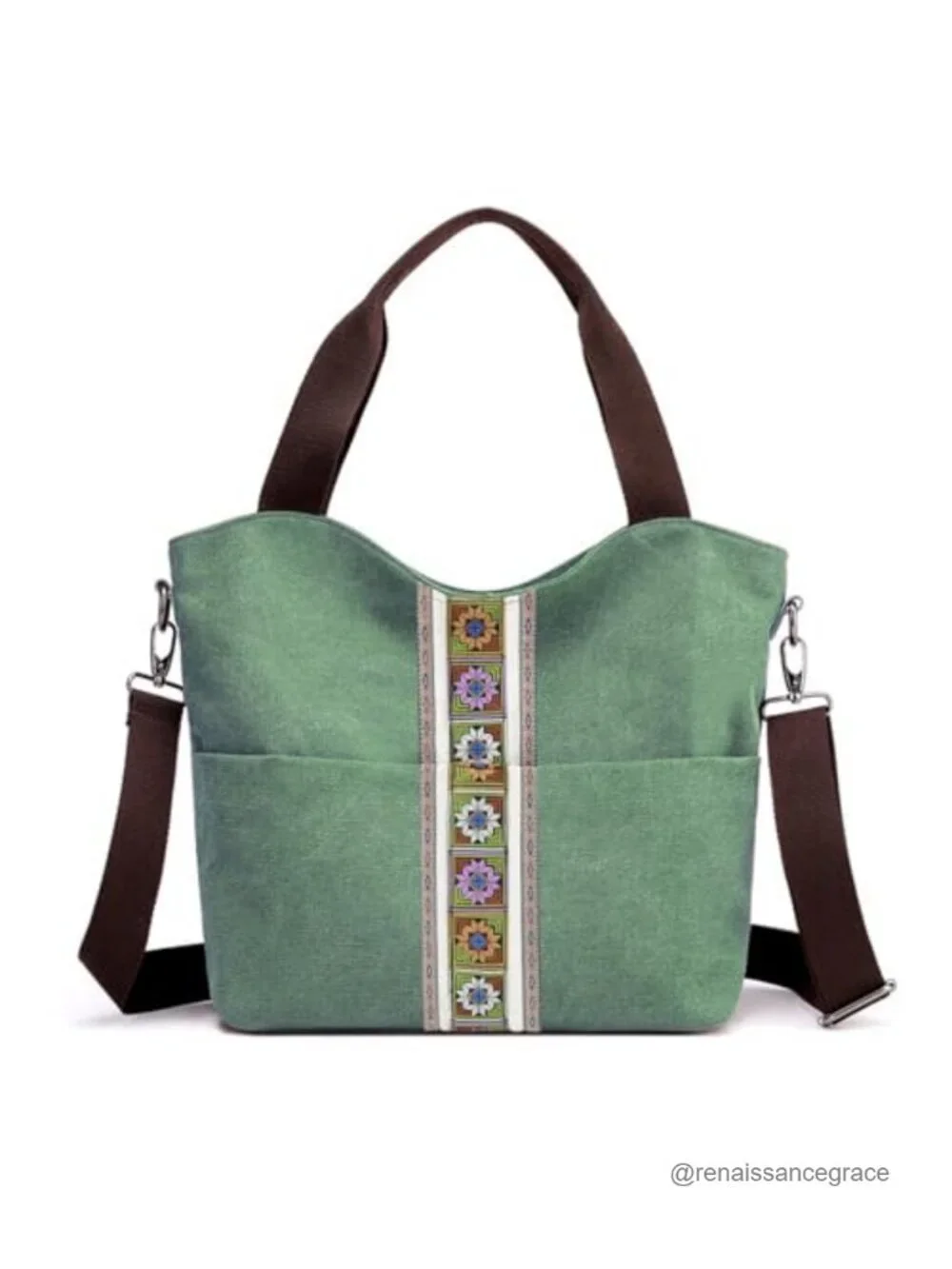 Embroidered Canvas Large Tote Bag with Crossbody Strap, Hobo Purse